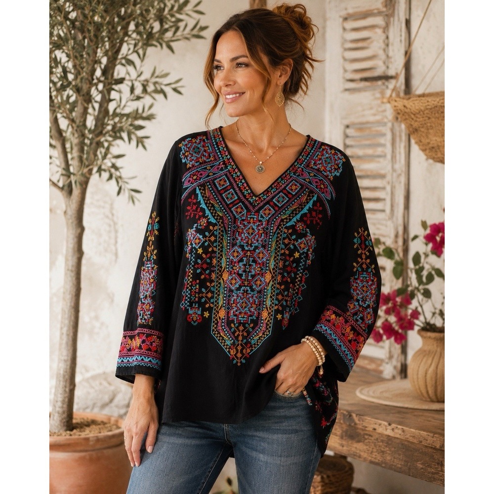 Caleesa Embroidered Peasant Top Women 1X Black Boho Folk Art Cotton Tunic